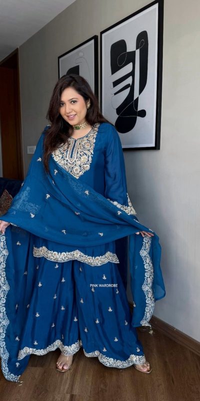 Superb Blue Color Pure Chinnon Silk With Embroidery Coding Dori-Sequence Salwar Suit