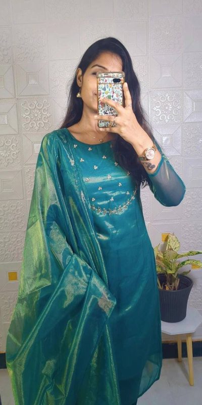 Superb Green Color Heavy Twill Golden Shining Fabric Kurti