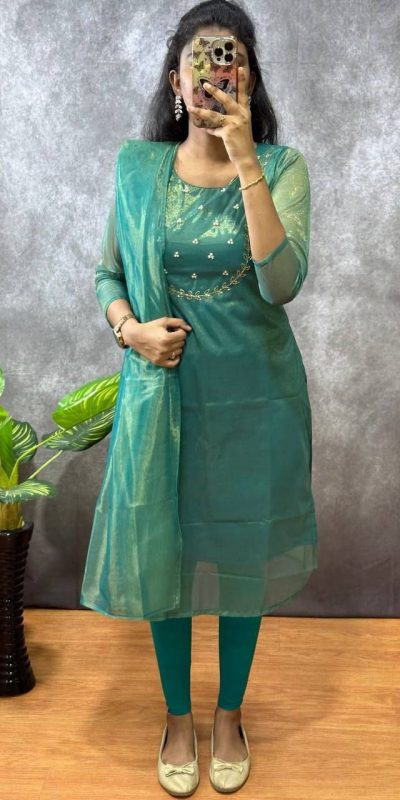 Superb Green Color Heavy Twill Golden Shining Fabric Kurti