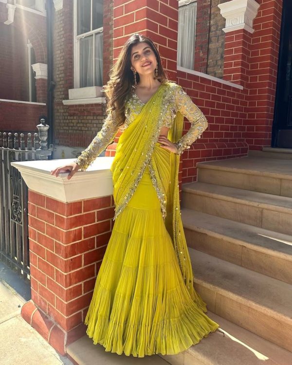 Pretty Yellow Color Foix Georgette Sequence With Coin Lace Border Lehenga Saree
