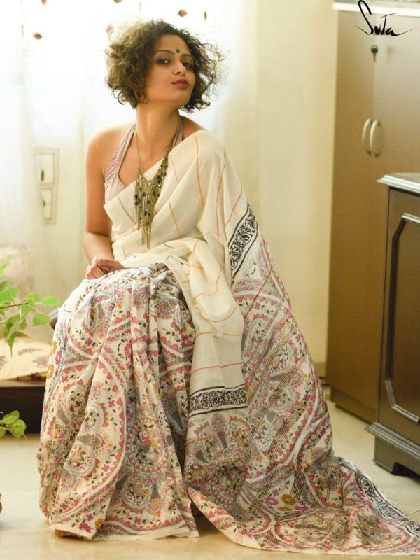 White Heavy Dola Silk Digital Print Saree - Image 3