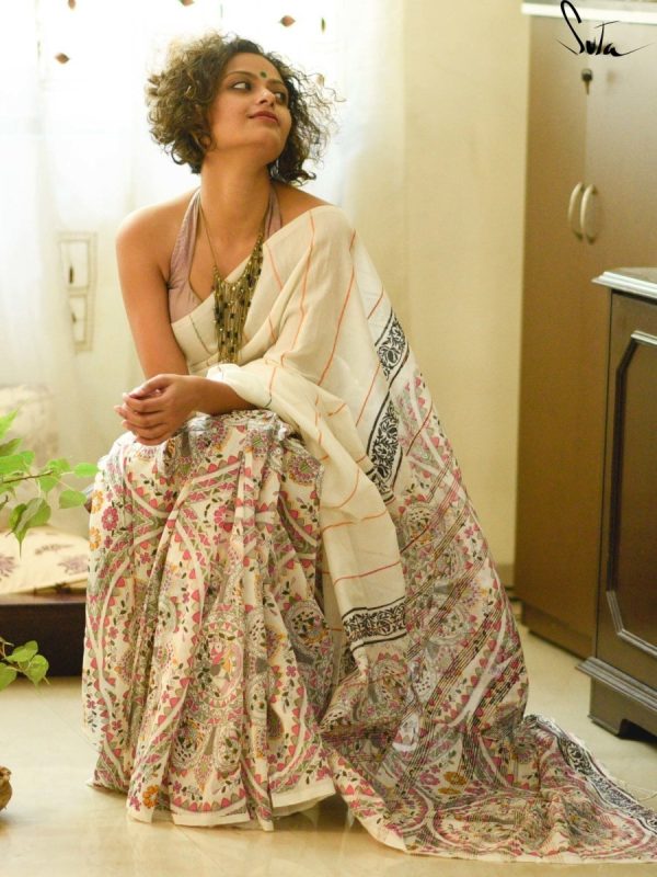 White Heavy Dola Silk Digital Print Saree - Image 4