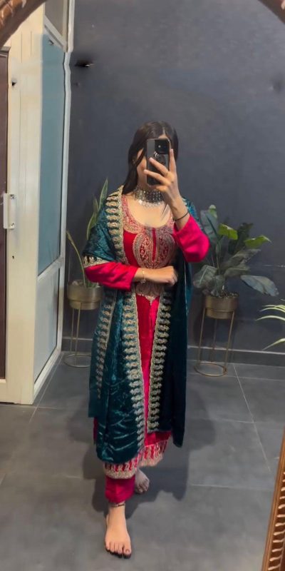 Magical Red Color Velvet With Heavy Embroidery Sequence Salwar Suit