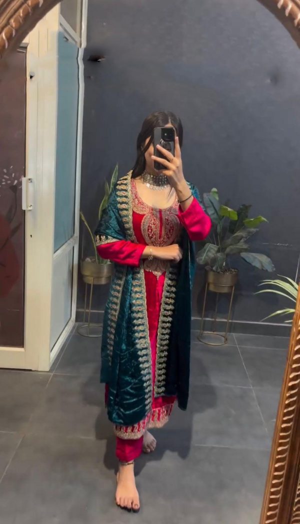 Magical Red Color Velvet With Heavy Embroidery Sequence Salwar Suit