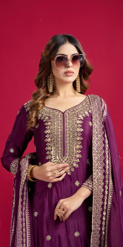 NSR-800 Purple Color Chinnon Silk With Embroidery Work Sharara Suit Wedding, Party, Festive, Events Etc.  Expected Delivery 4-6 Working Days @2149/- | Jump Suits, Salwar suit, Casual Suits, Creative suits, Designer Suits, Palazzo Suits, Party Wear Suits, Patiala Suits, Straight Suits