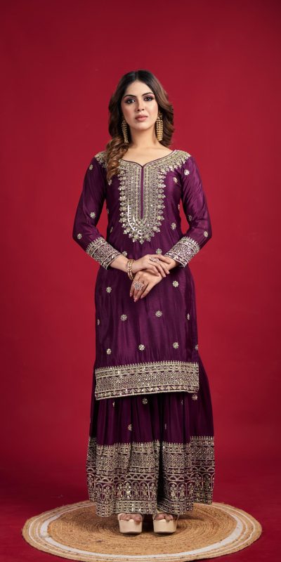 NSR-800 Purple Color Chinnon Silk With Embroidery Work Sharara Suit Wedding, Party, Festive, Events Etc.  Expected Delivery 4-6 Working Days @2149/- | Jump Suits, Salwar suit, Casual Suits, Creative suits, Designer Suits, Palazzo Suits, Party Wear Suits, Patiala Suits, Straight Suits