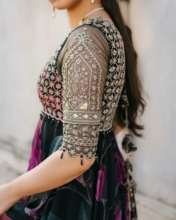 Black Foix Georgette with digital print Anarkali Gown - Image 2