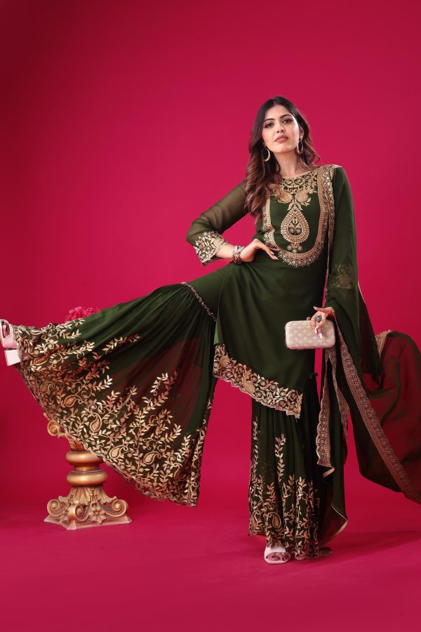Bottle Green Faux Georgette Embroidery Sequence Work Salwar Suit - Image 2