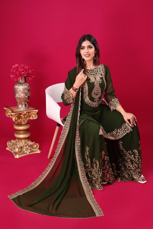 Bottle Green Faux Georgette Embroidery Sequence Work Salwar Suit - Image 3