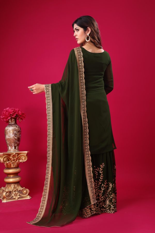 Bottle Green Faux Georgette Embroidery Sequence Work Salwar Suit - Image 4