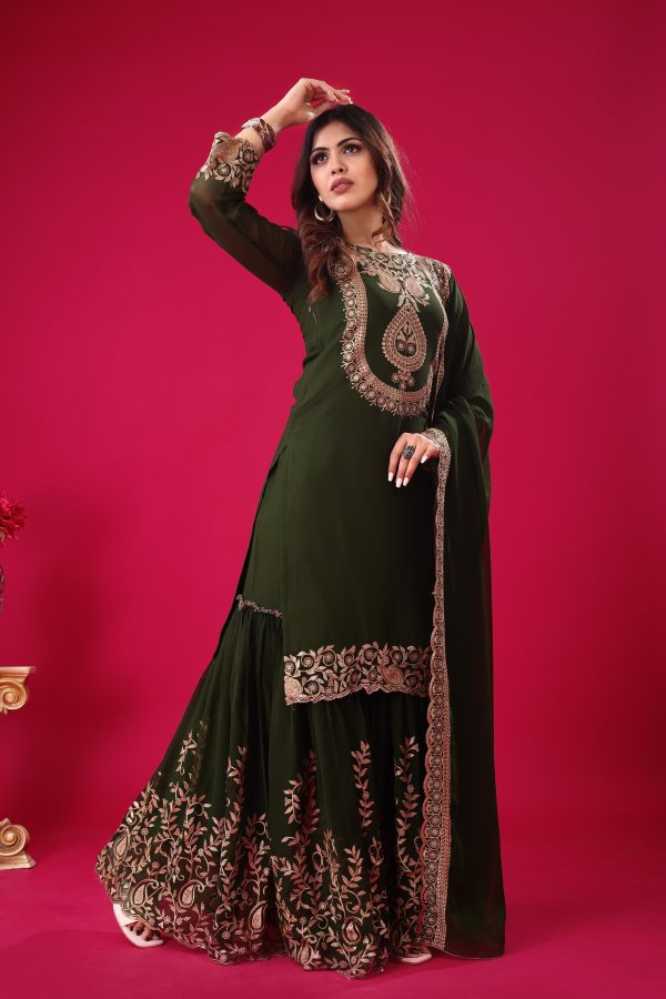 Bottle Green Faux Georgette Embroidery Sequence Work Salwar Suit - Image 5