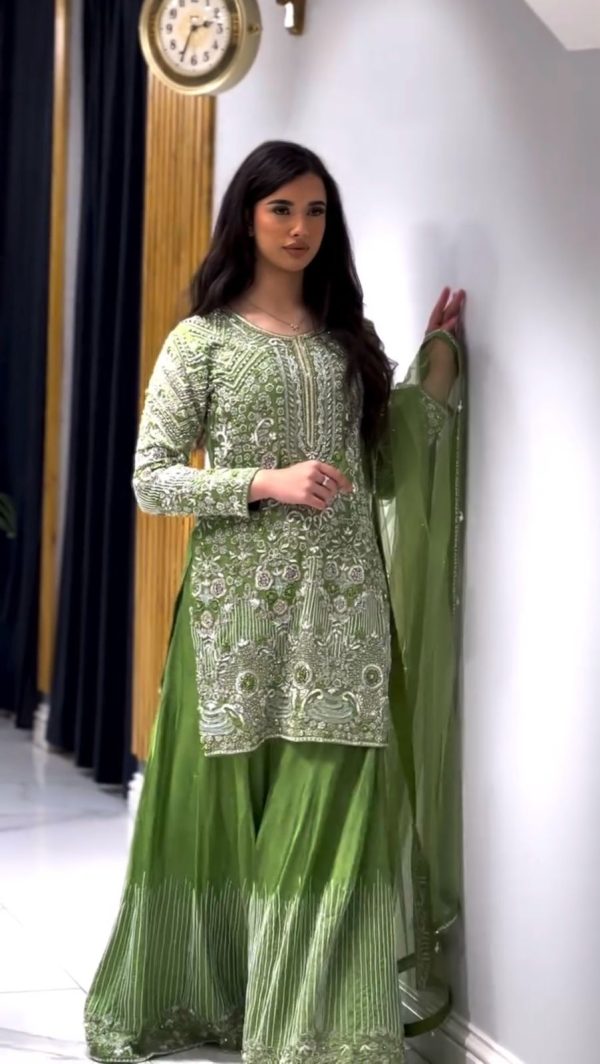 Green Chinnon Silk Embroidery Sequence With Moti Work Salwar Suit