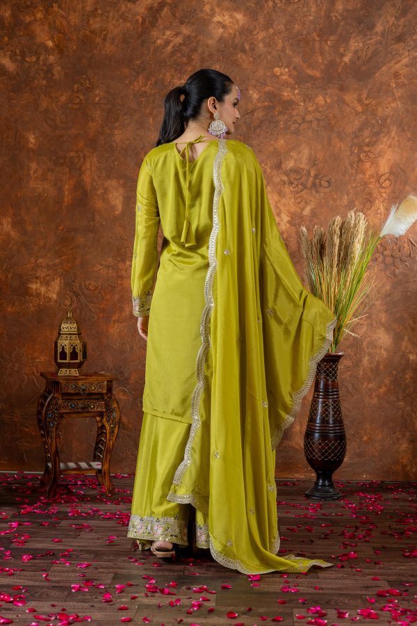 Green Chinon Silk Embroidery Sequence Coding Work Salwar Suit - Image 4