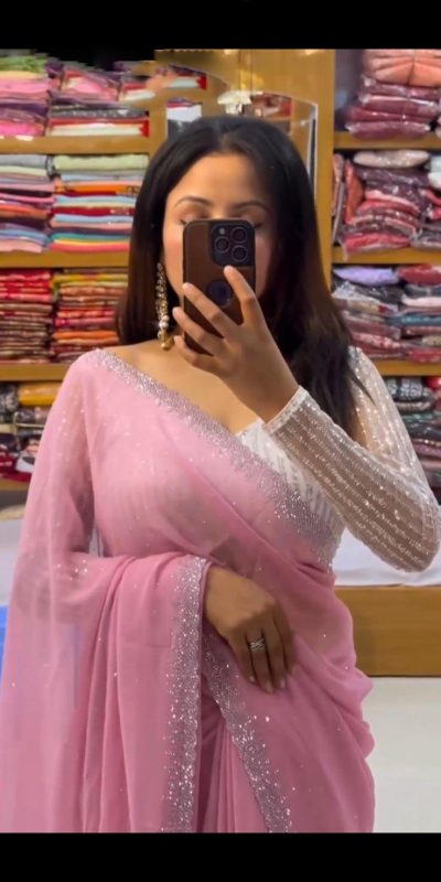Amazing Light Pink Georgette Hot Fix Stone Work Saree
