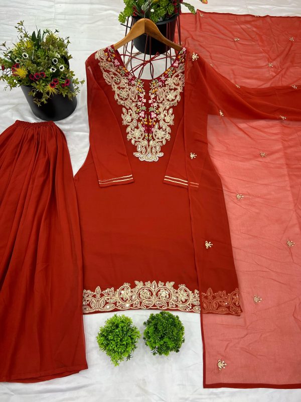 Orange Faux Georgette Embroidery Sequence Work Salwar Suit - Image 3