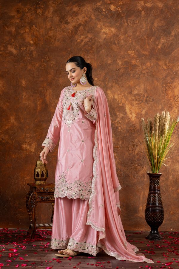 Peach Chinon Silk Embroidery Sequence Coding Work Salwar Suit - Image 3