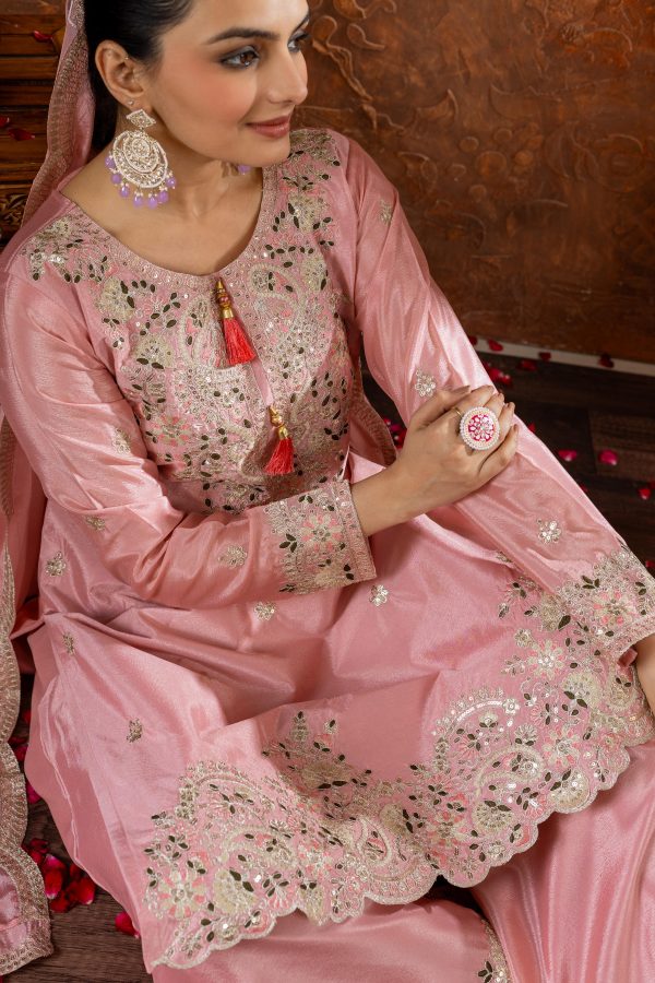 Peach Chinon Silk Embroidery Sequence Coding Work Salwar Suit - Image 4