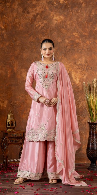Amazing Peach Color Chinon Silk Embroidery 3mm Sequence Coding Dori Work Salwar Suit