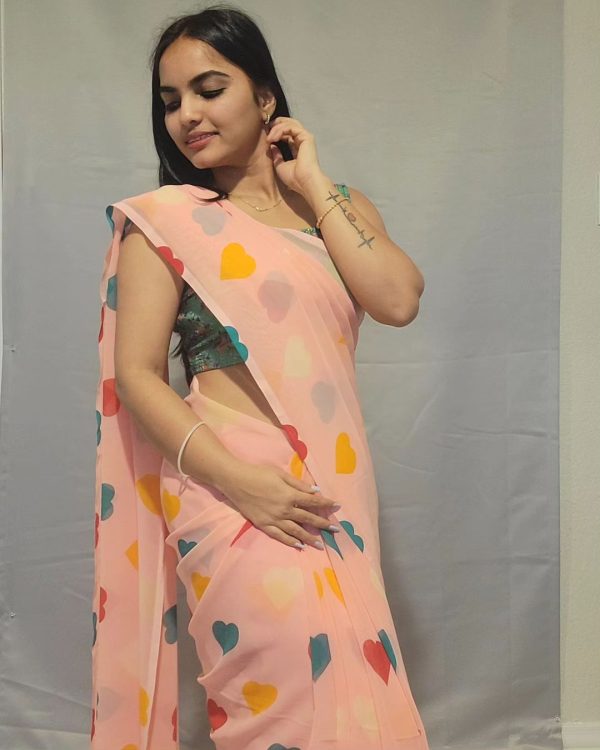 Peach Soft Georgette Silk Digital Print Heart Design Saree - Image 2