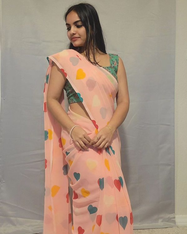 Peach Soft Georgette Silk Digital Print Heart Design Saree - Image 3