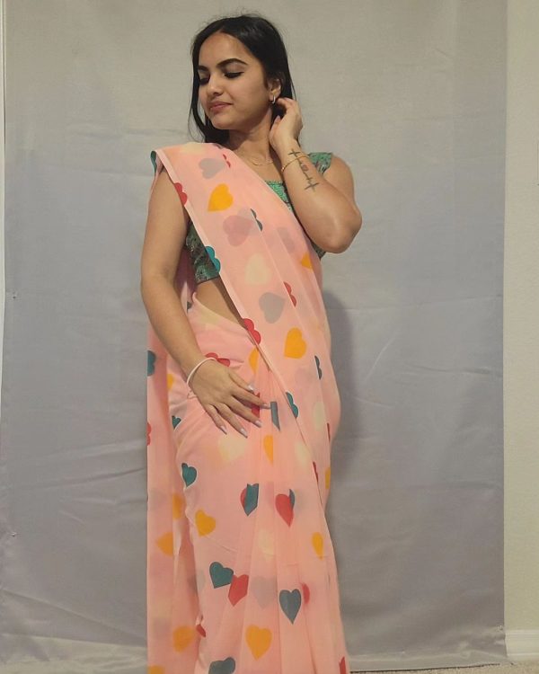 Peach Soft Georgette Silk Digital Print Heart Design Saree - Image 5