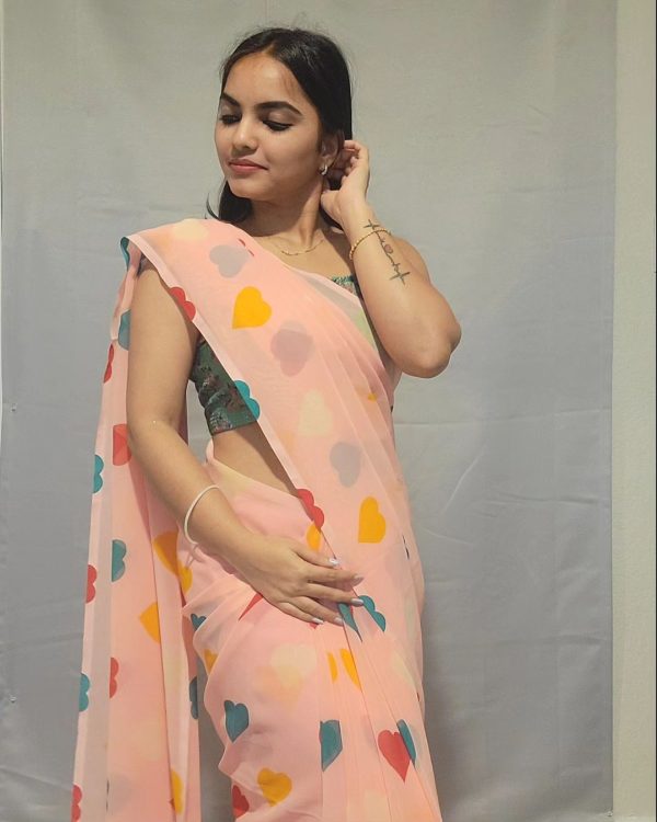 Peach Soft Georgette Silk Digital Print Heart Design Saree - Image 8