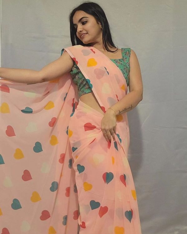 Peach Soft Georgette Silk Digital Print Heart Design Saree - Image 7