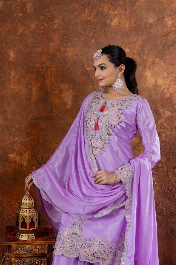 Purple Chinon Silk Embroidery Sequence Coding Work Salwar Suit - Image 2