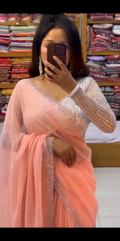 Amazing Peach Georgette Hot Fix Stone Work Saree