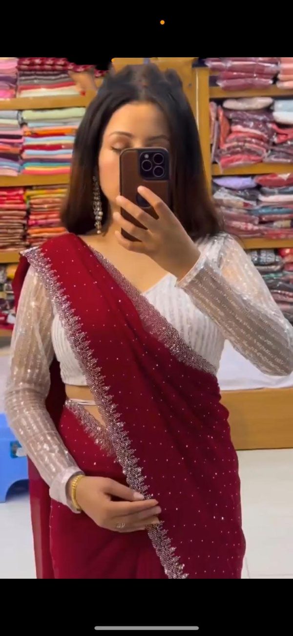 Amazing Red Georgette Hot Fix Stone Work Saree