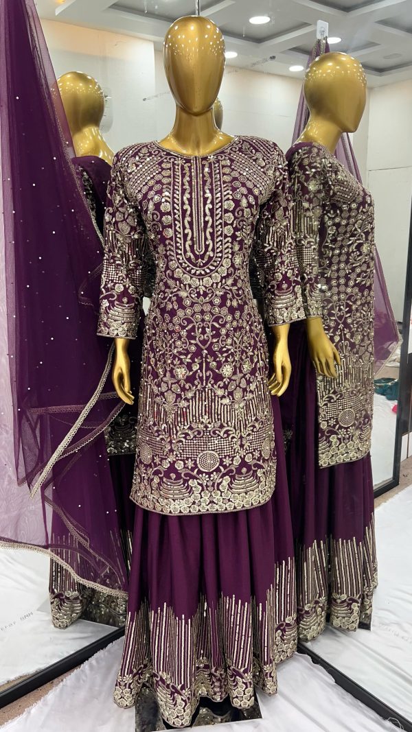 Wine Chinnon Silk Embroidery Sequence With Moti Work Salwar Suit