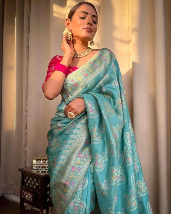 Attractive Sky Blue Color Soft Lichi Silk Kubera Pattu On All Over Saree
