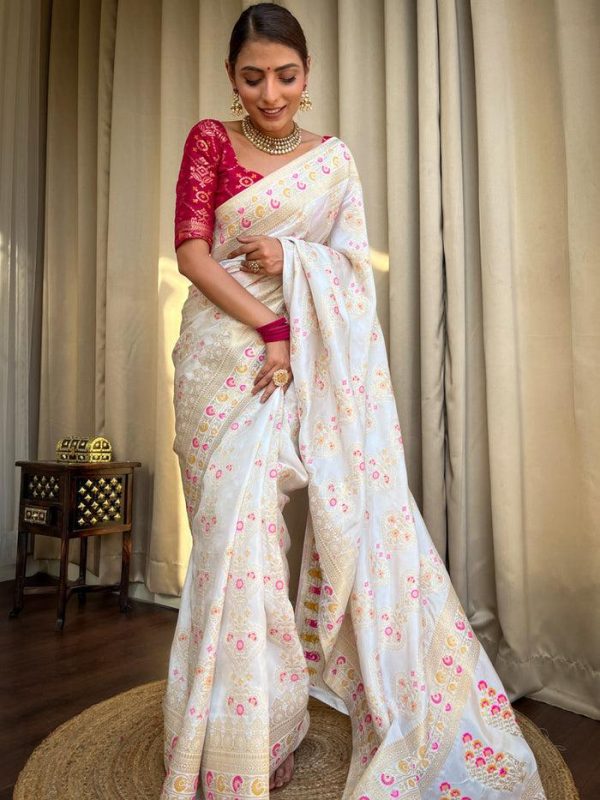 White Soft Litchi Silk Kubera Pattu On All Over Saree - Image 3