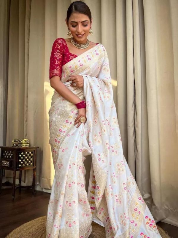 White Soft Litchi Silk Kubera Pattu On All Over Saree - Image 5