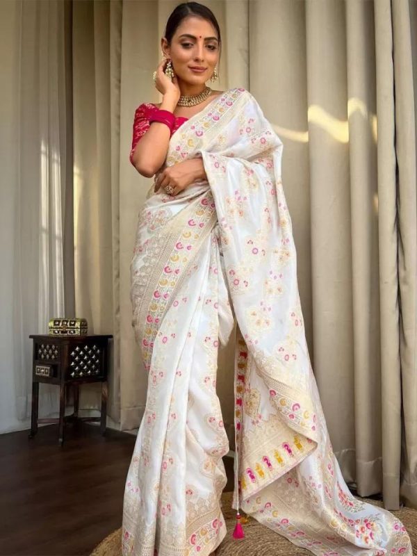 White Soft Litchi Silk Kubera Pattu On All Over Saree - Image 6