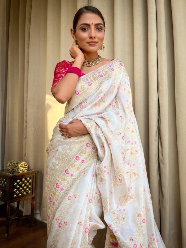 White Soft Litchi Silk Kubera Pattu On All Over Saree - Image 4