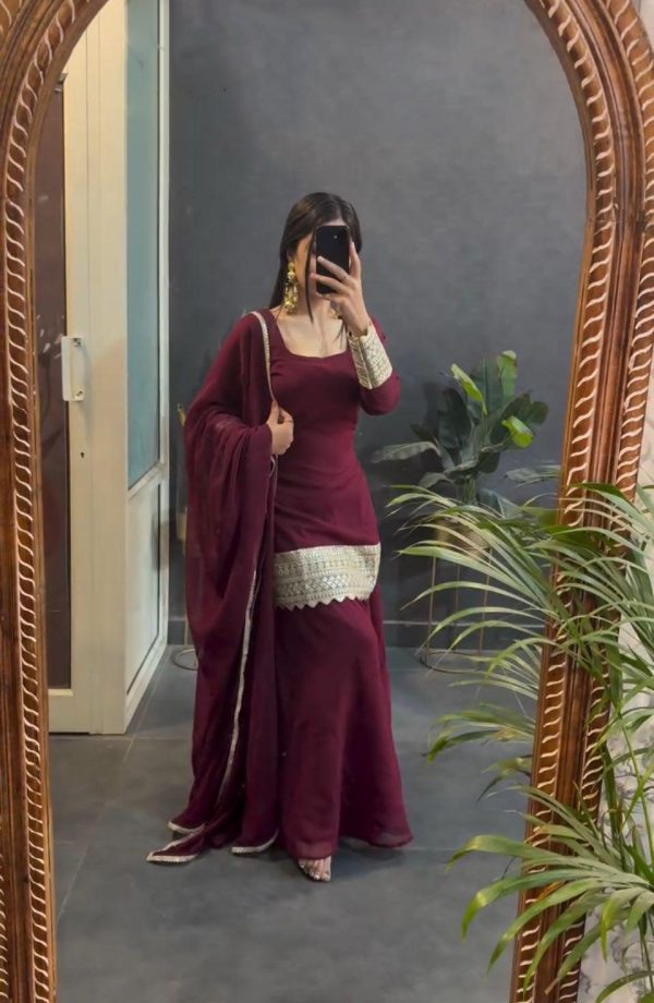 Awesome Marron Color Fox Georgette With Heavy Embroidery Work Salwar Suit