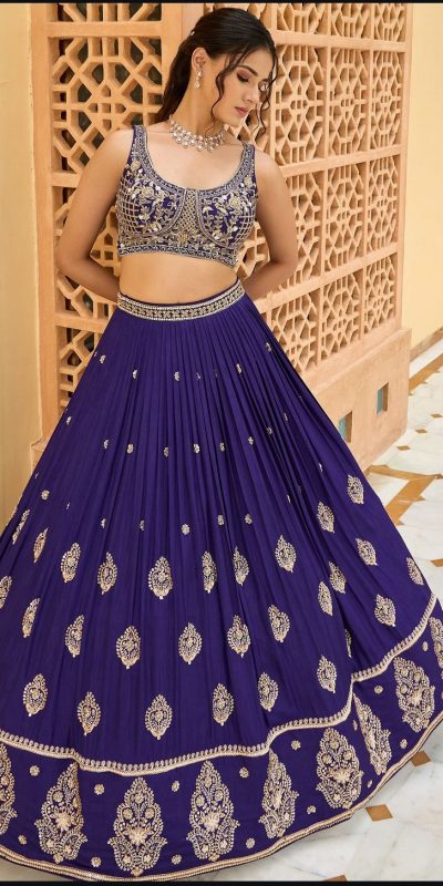 Awesome Navy Blue Color Chinon Silk Embroidery Sequence Work Lehenga Choli