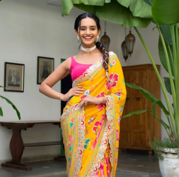Yellow Chinon Printed Multied Embroidery Coding Sequins Lace Saree - Image 2