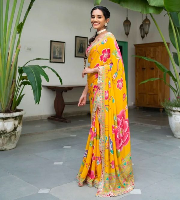 Yellow Chinon Printed Multied Embroidery Coding Sequins Lace Saree - Image 3