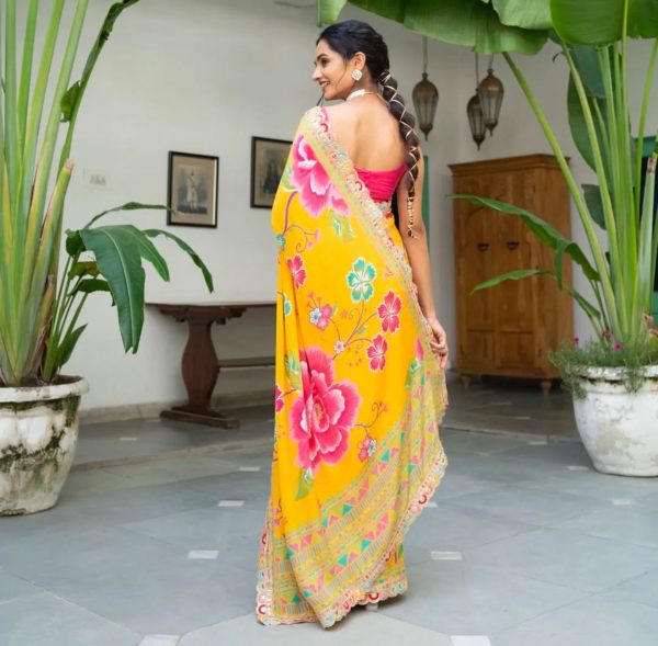 Yellow Chinon Printed Multied Embroidery Coding Sequins Lace Saree - Image 4