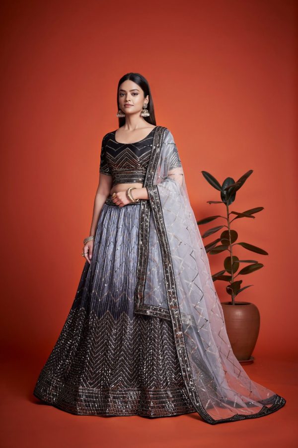 Black Chinon Embroidery and Sequins Lehenga Choli