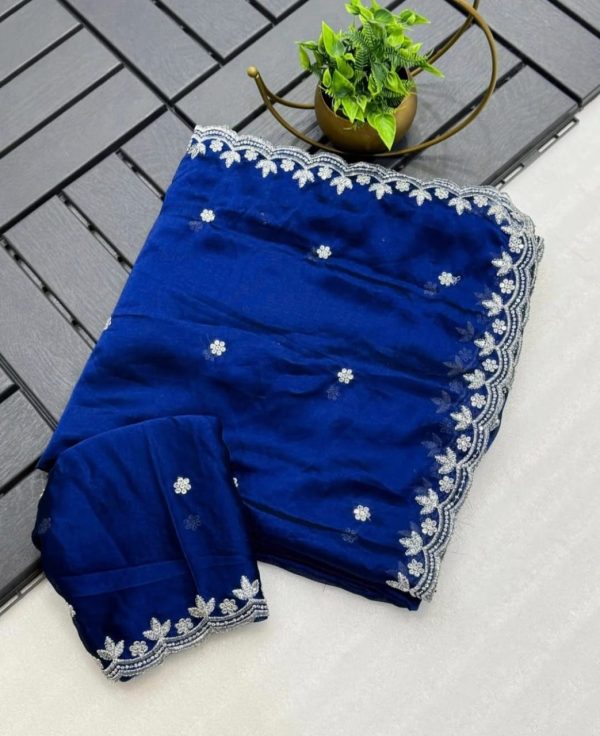 Blue Rangoli Chiffon Embroidery Cut Work Saree