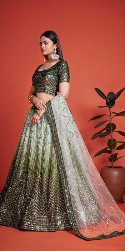 Green Chinon Embroidery and Sequins Lehenga Choli