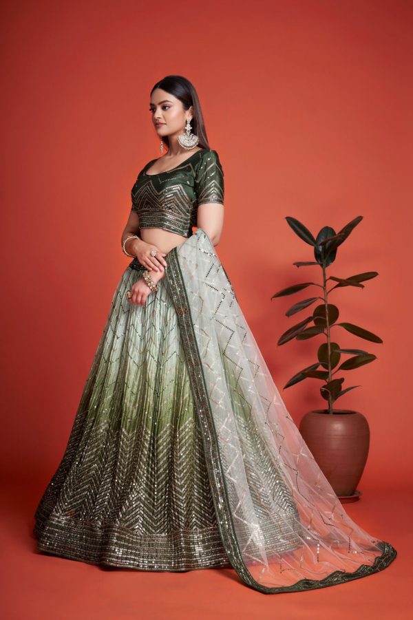 Green Chinon Embroidery and Sequins Lehenga Choli