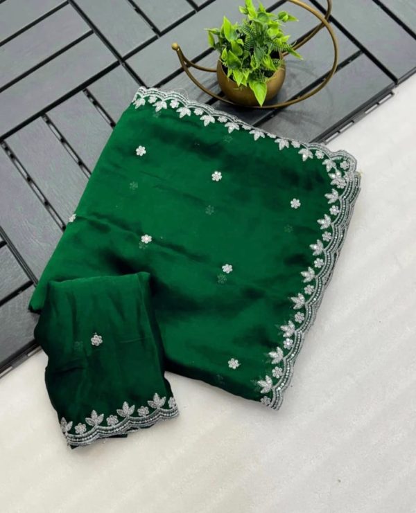 Green Rangoli Chiffon Embroidery Cut Work Saree