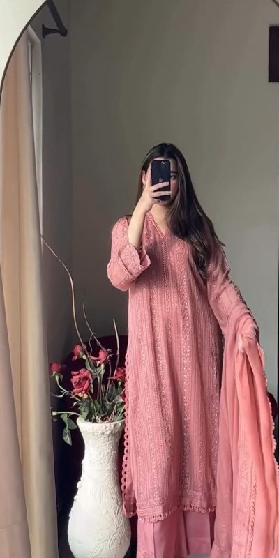 Peach Chinon Cotton Thread Embroidery Work Salwar Suit