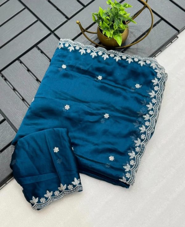 Peacock Blue Rangoli Chiffon Embroidery Cut Work Saree