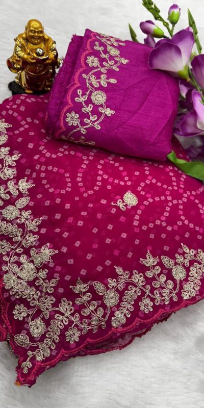 Pink Georgette Bandhni Print Pita Work Embroidery Saree