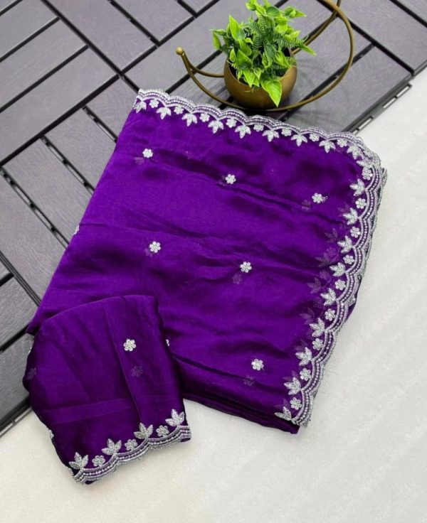 Purple Rangoli Chiffon Embroidery Cut Work Saree - Image 2